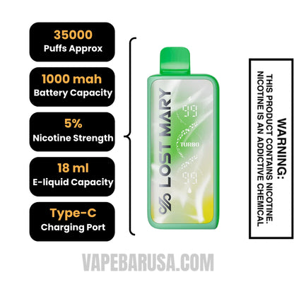 Kiwi Passion Fruit Lost Mary MT35000 Disposable Vape Specifications