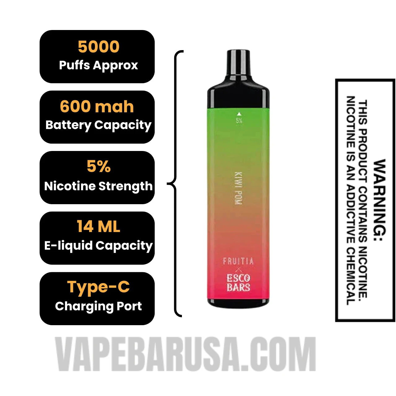 Kiwi Pom Esco Bars 5000 Puffs Disposable Vape Specifications