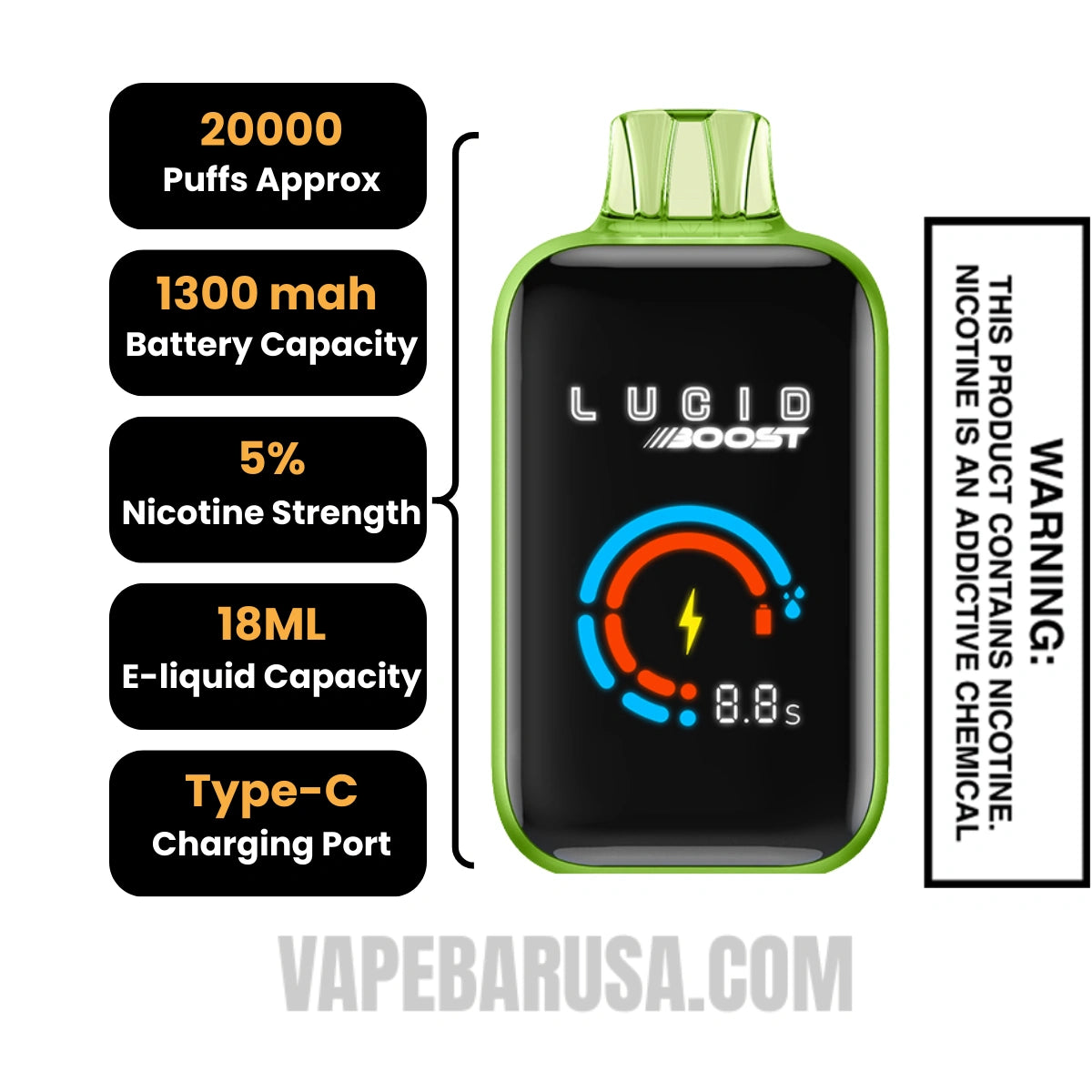 Kiwi Berry Ice Lucid Boost 20123 Disposable Vape Specifications