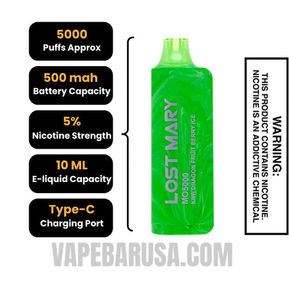 Kiwi Dragon Fruit Berry Ice Lost Mary MO5000 Vape Specifications