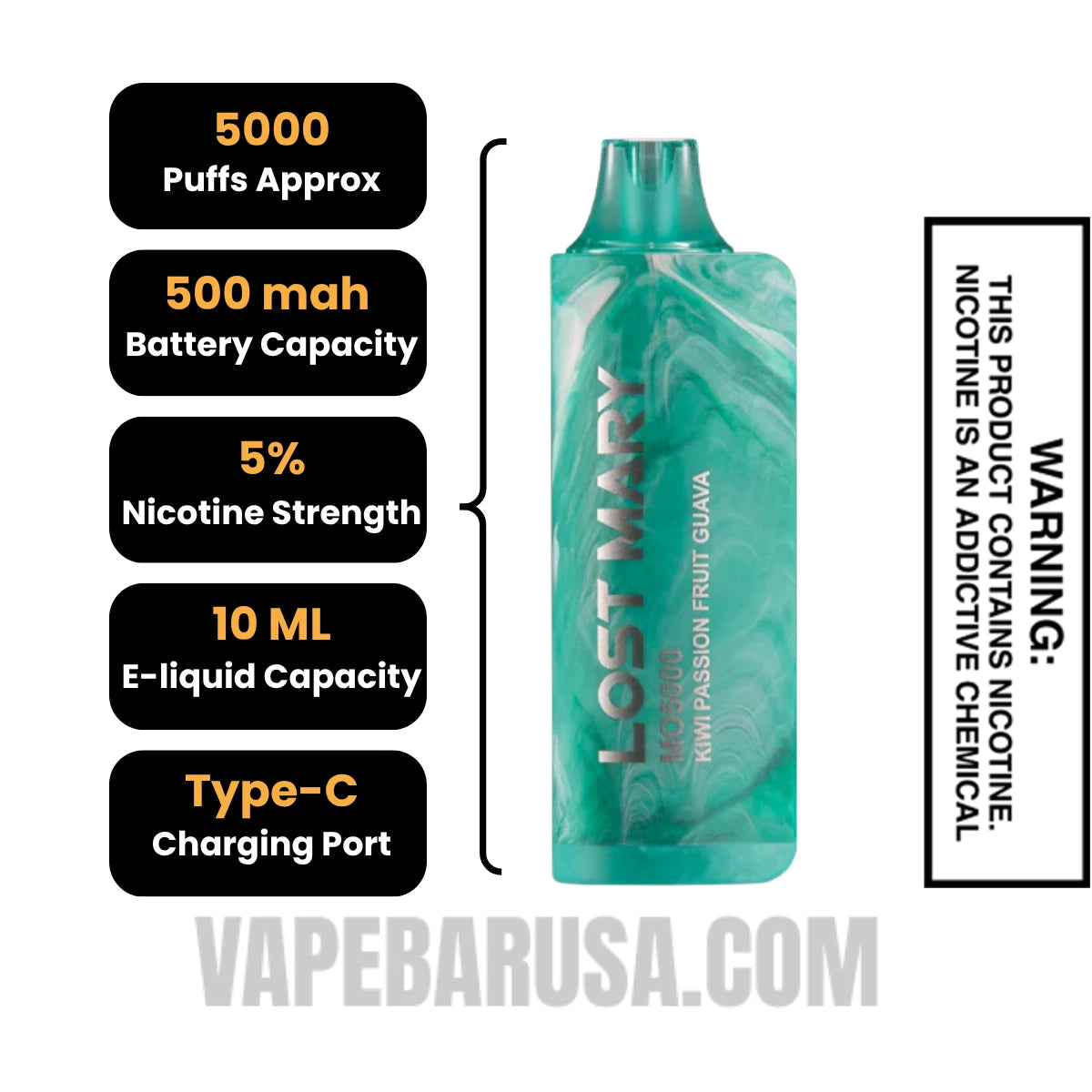 Kiwi Fuse Lost Mary MO5000 Disposable Vape Specifications