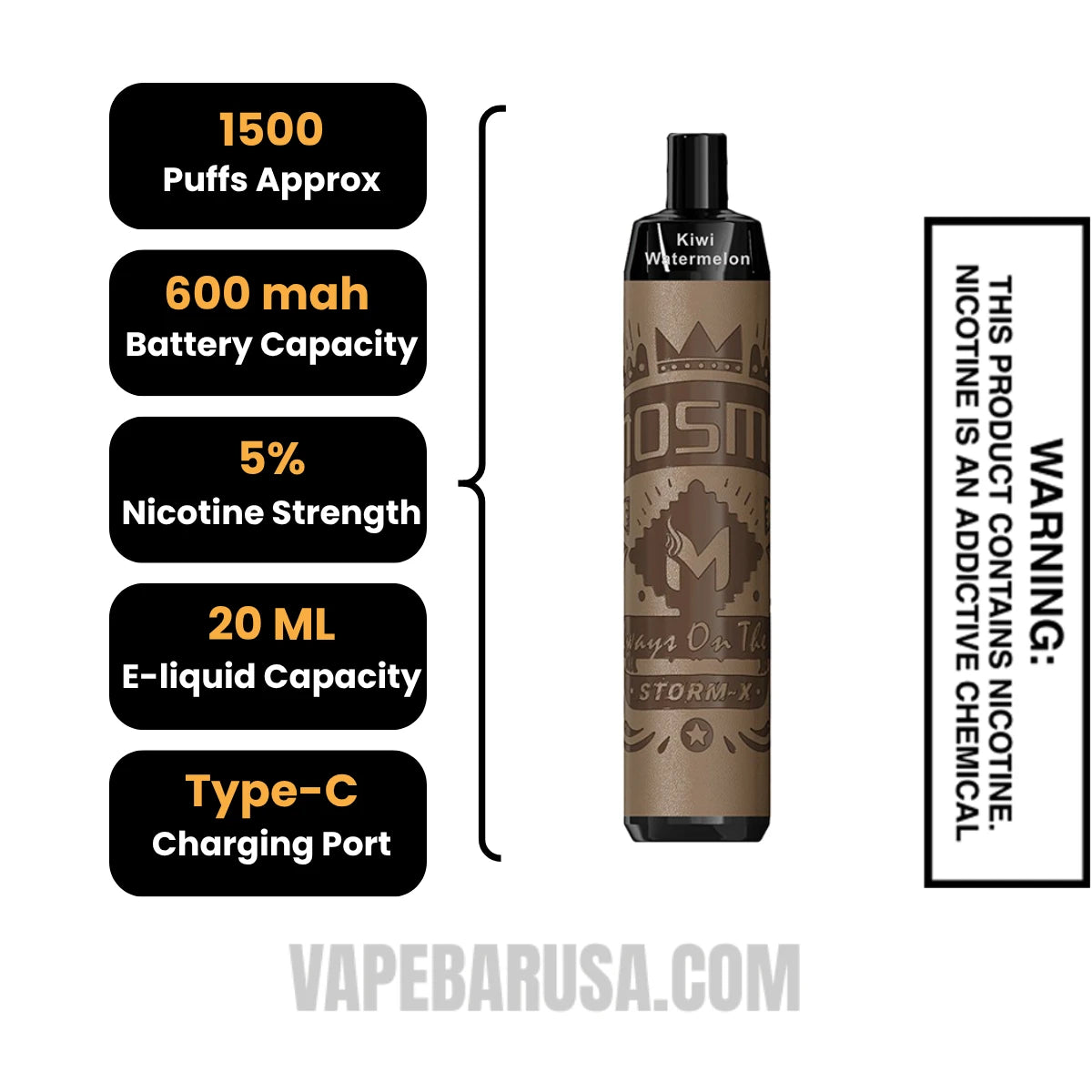 Kiwi Watermelon MOSMO STORM X Mini 1500 Puffs Disposable Vape Specifications