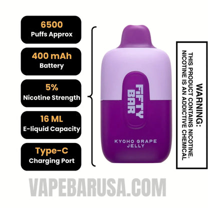 Kyoho Grape Jelly Fifty Bar Disposable Vape 6500 Puffs Specifications