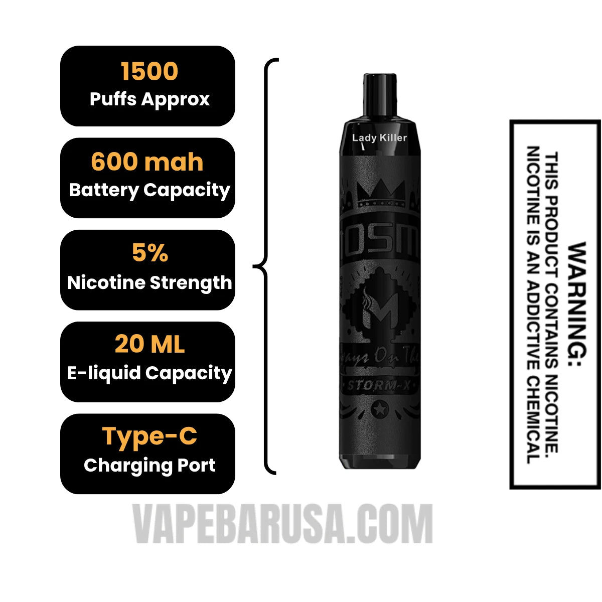 Lady Killer MOSMO STORM X Mini 1500 Puffs Disposable Vape Specifications