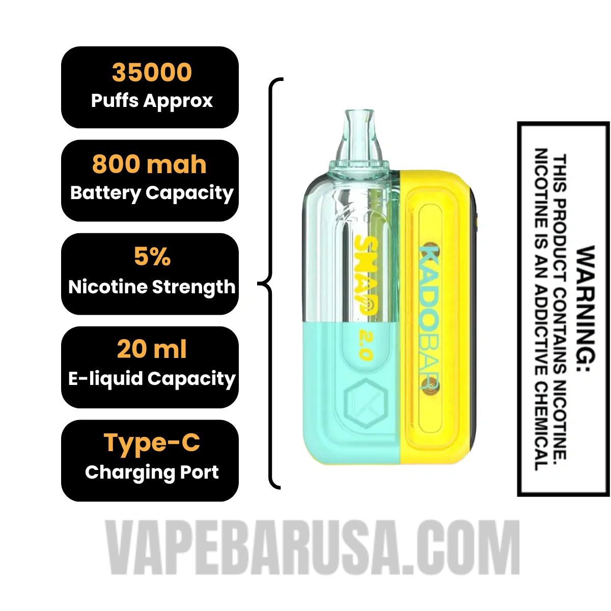 Lemon Headz Kado Bar Snap 2.0 35K Disposable Vape Kit Specifications
