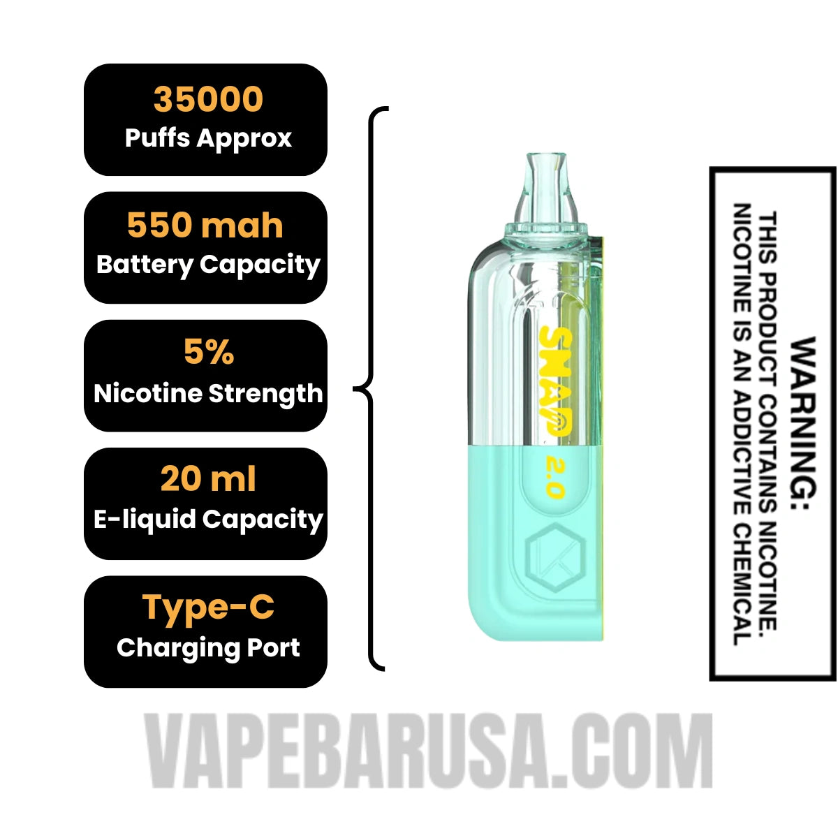 Lemon Headz Kado Bar Snap 2.0 35K Disposable Vape Pod Specifications