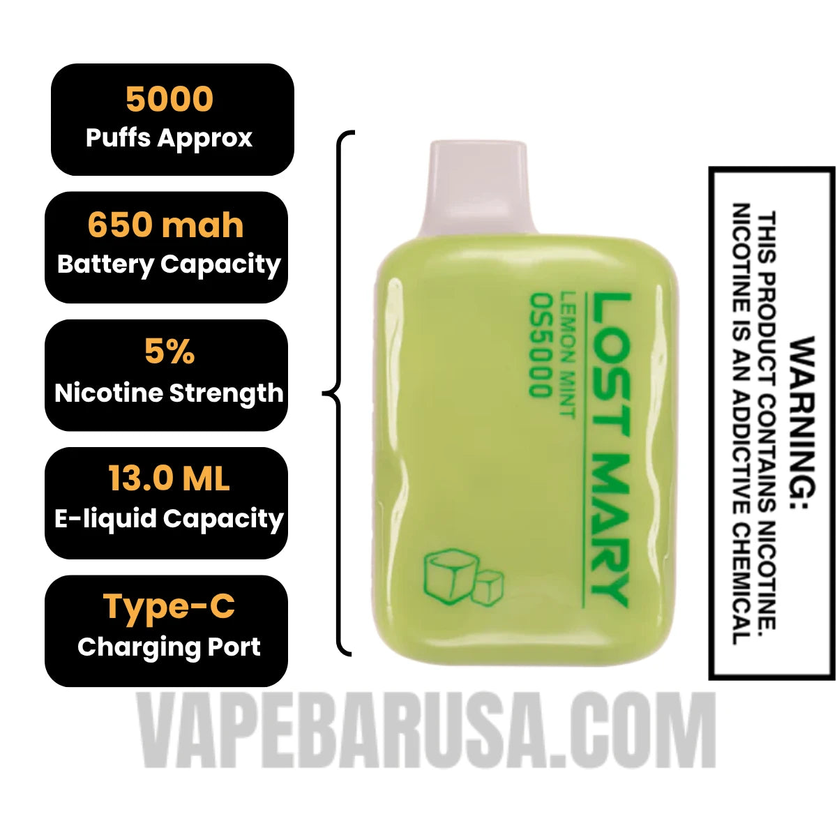 Lemon Mint Lost Mary OS5000 Disposable Vape Specifications
