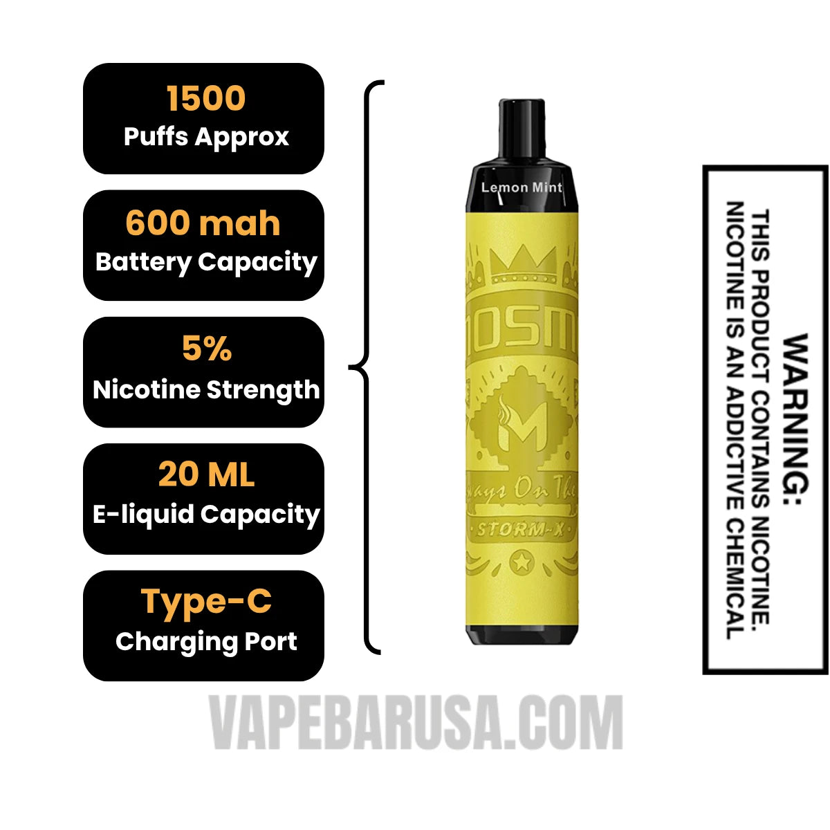 Lemon Mint MOSMO STORM X Mini 1500 Puffs Disposable Vape Specifications