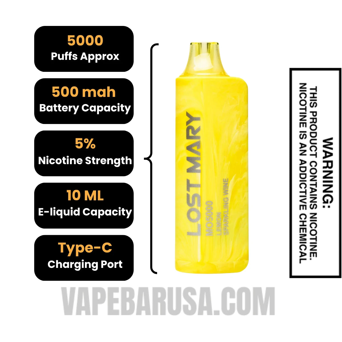 Lemon Sparkling Wine Lost Mary MO5000 Disposable Vape Specifications