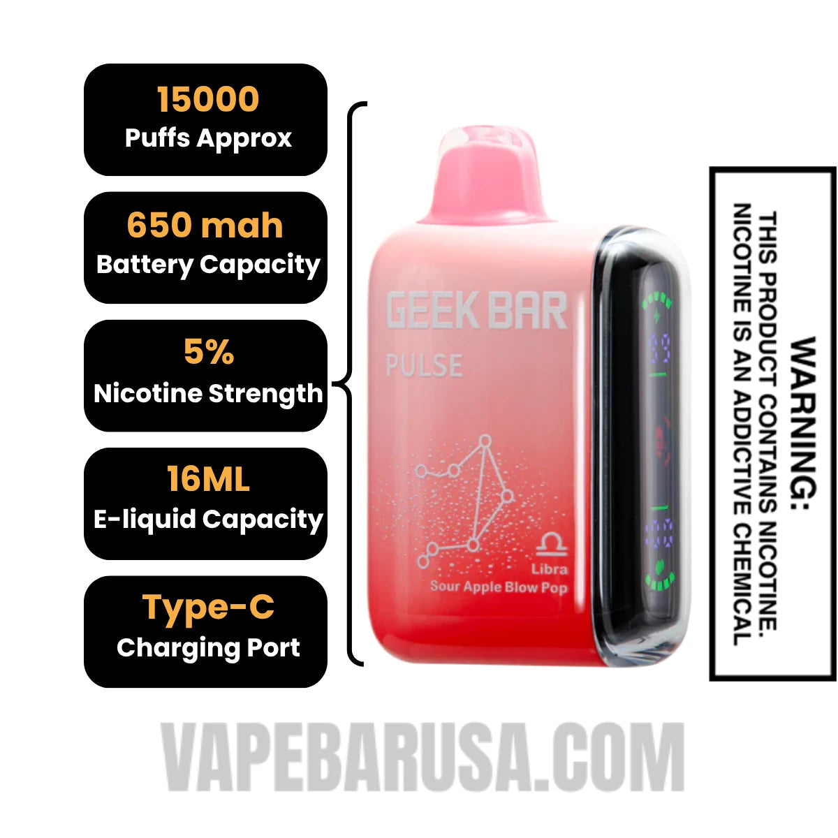 Libra Sour Apple Blow Pop Geek Bar Pulse Vape Specifications