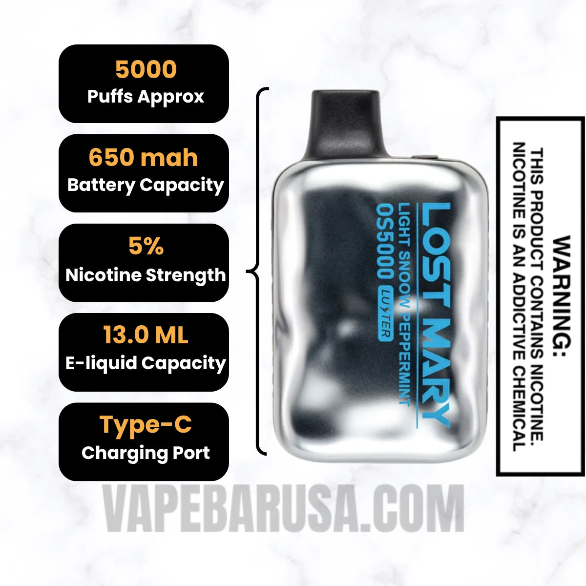 Light Snow Peppermint Lost Mary OS5000 Luster Vape Specifications