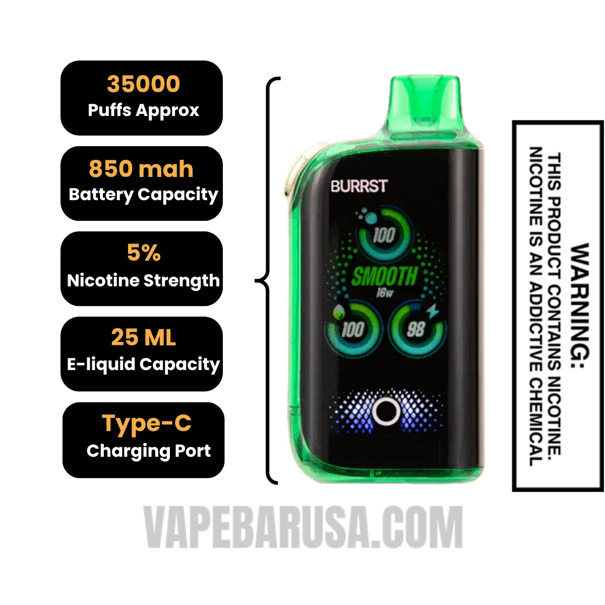 Lime Sparkle Fasta Burrst 35000 (Fizz Series) Vape Specifications