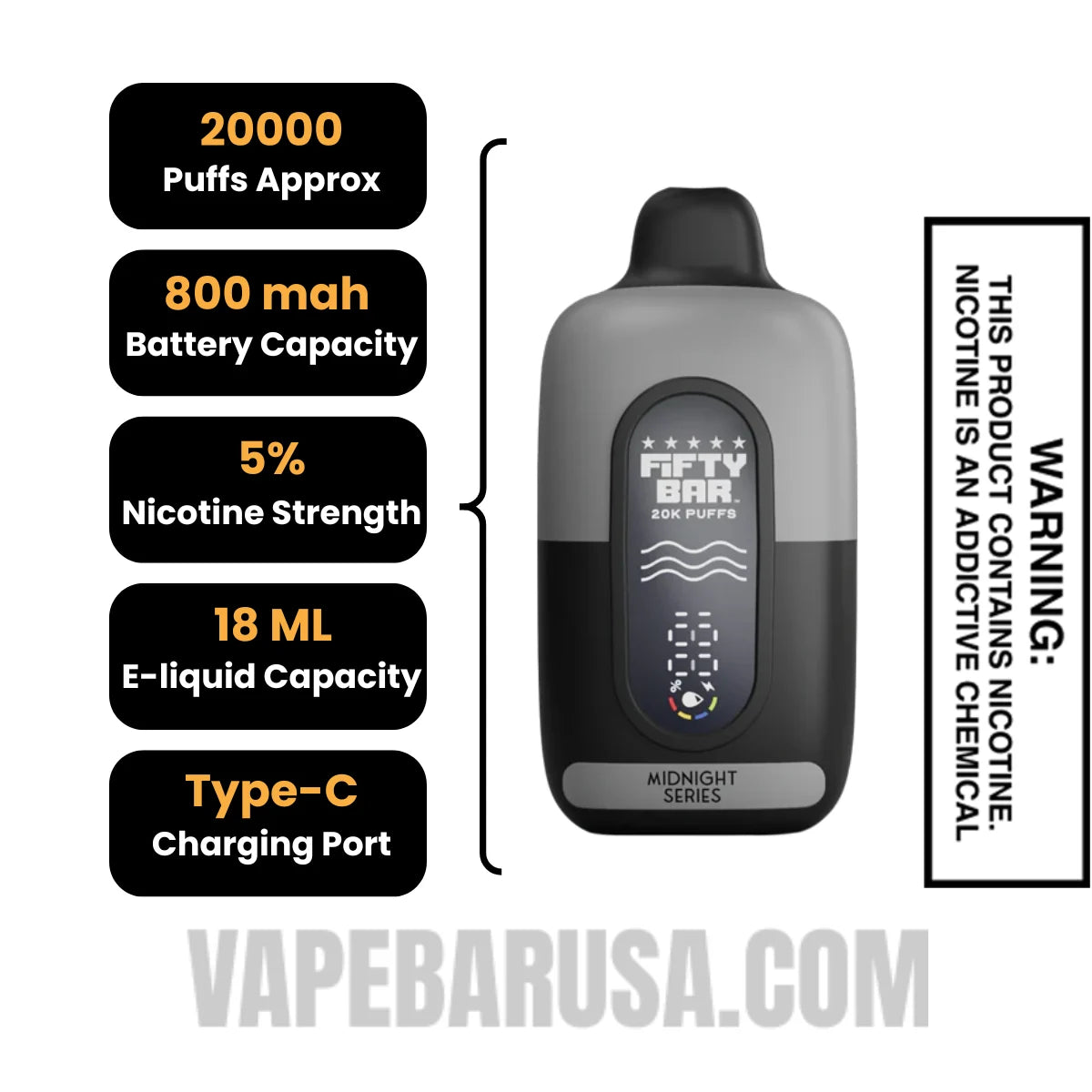 Limoncello Fifty Bar 20K Midnight Series Disposable Vape Specifications