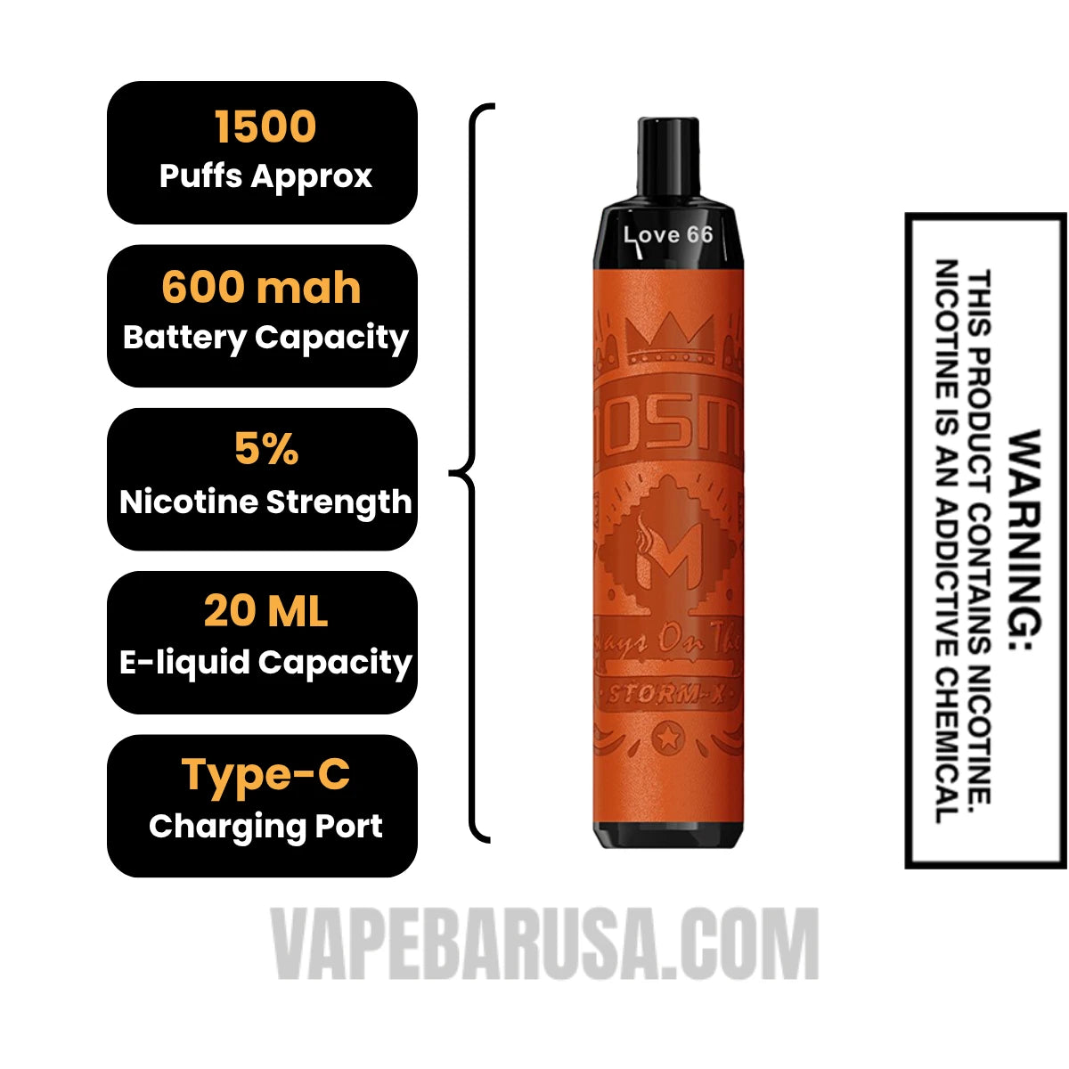 Love 66 MOSMO STORM X Mini 1500 Puffs Disposable Vape Specifications