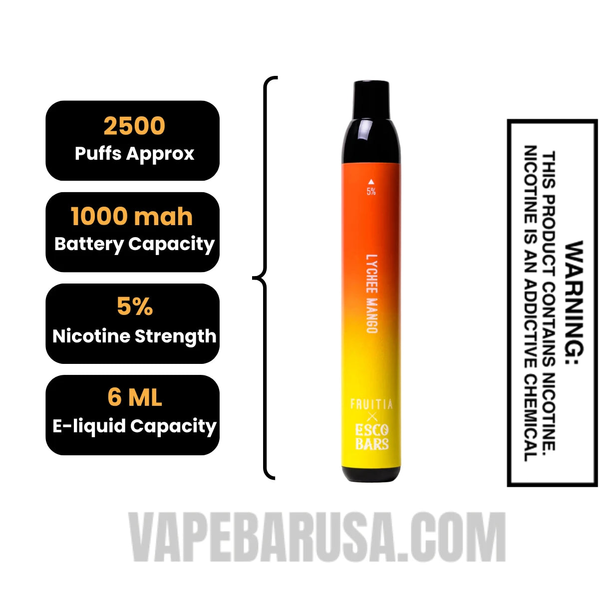 Lychee Mango Esco Bars 2500 Puffs Disposable Vape Specifications
