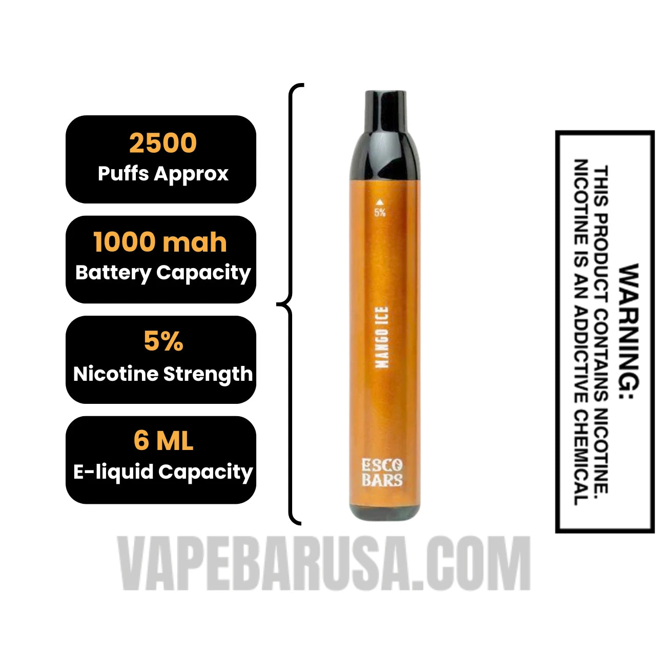Mango Ice Esco Bars 2500 Puffs Disposable Vape Specifications