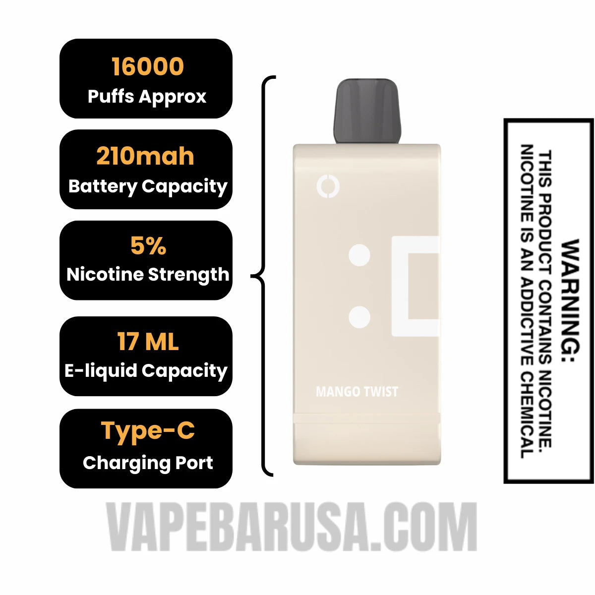 Mango Twist Off Stamp SW16000 Disposable Pod Specifications