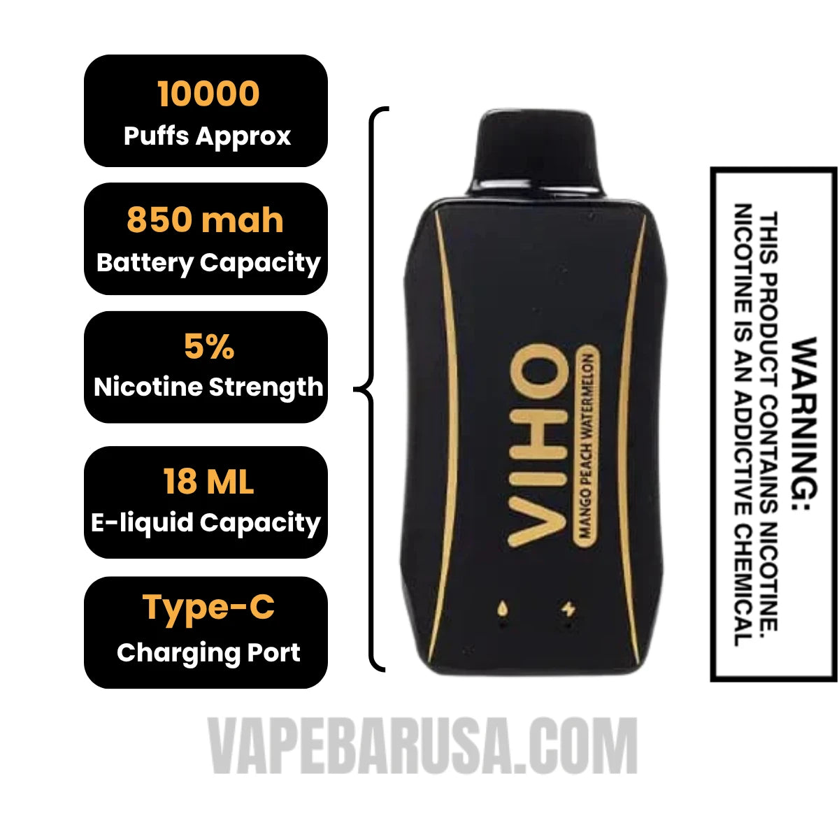 Mango Peach Watermelon VIHO Turbo Vape 10000 Puffs Specifications