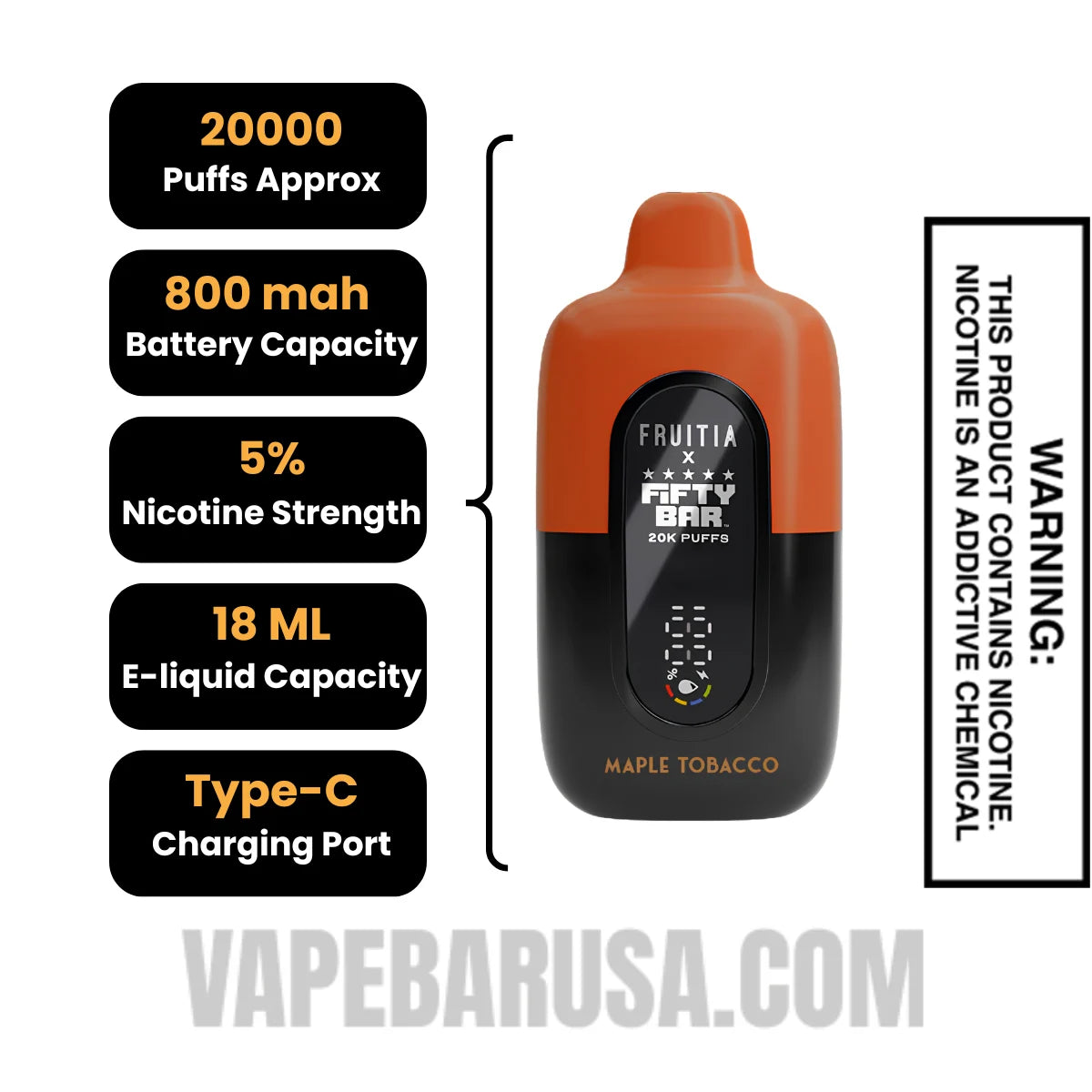 Maple Tobacco Fruitia X Fifty Bar 20K Disposable Vape Specifications