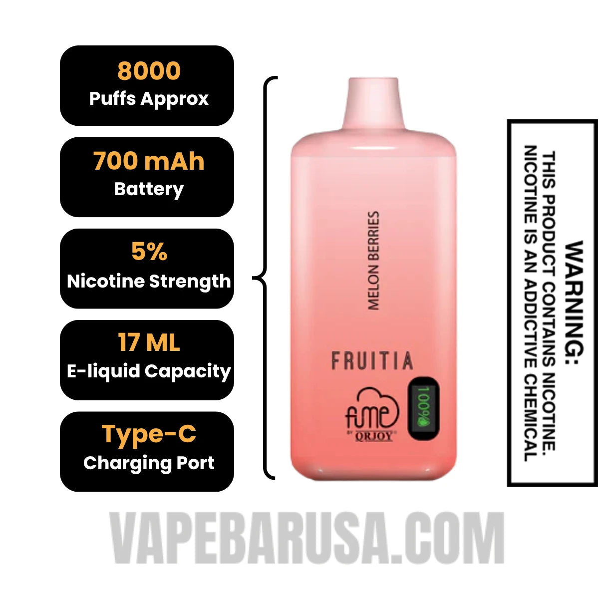 Melon Berries Fruitia X Fume Disposable Vape 8000 Puffs Specifications
