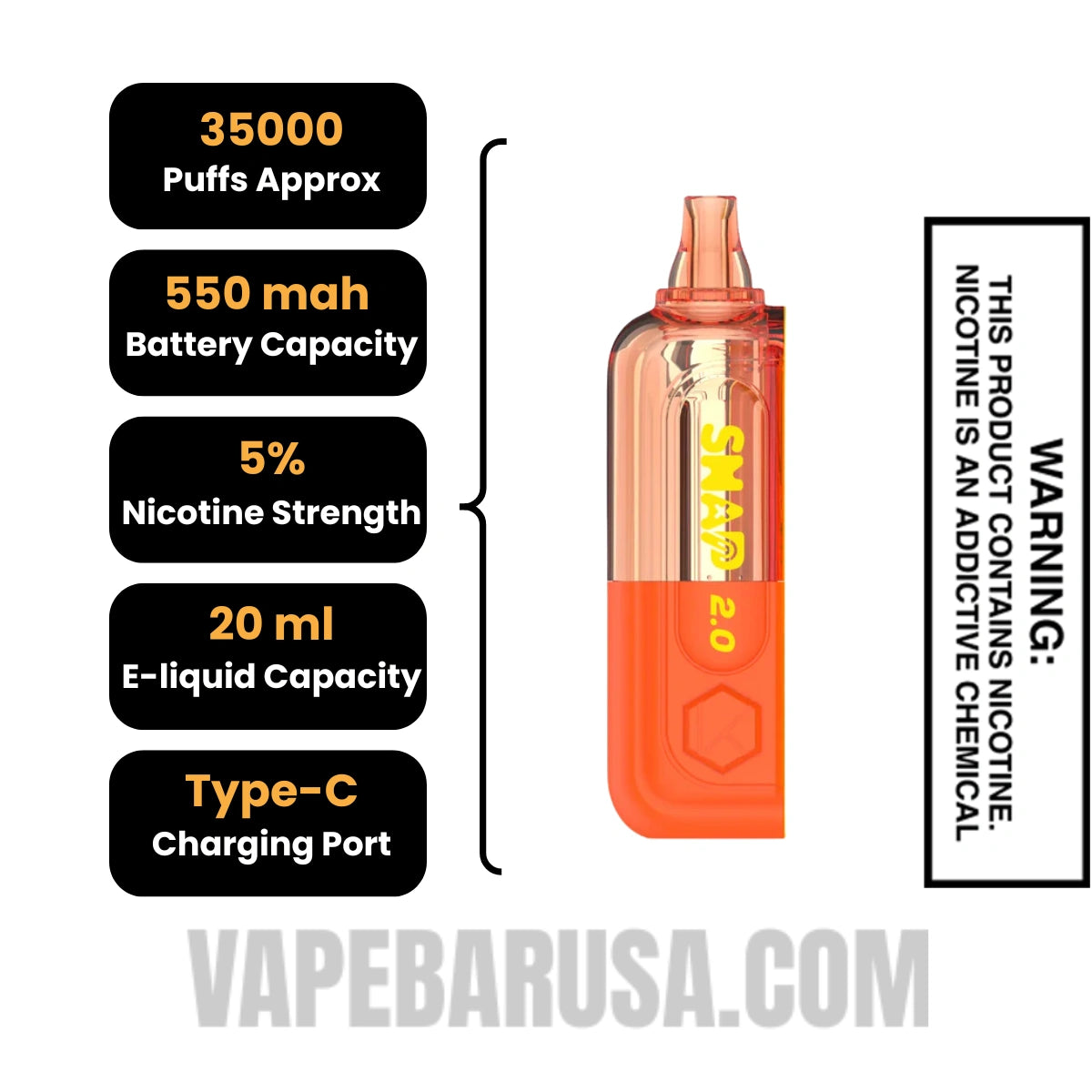 Mexican Mango Kado Bar Snap 2.0 35K Disposable Vape Pod Specifications