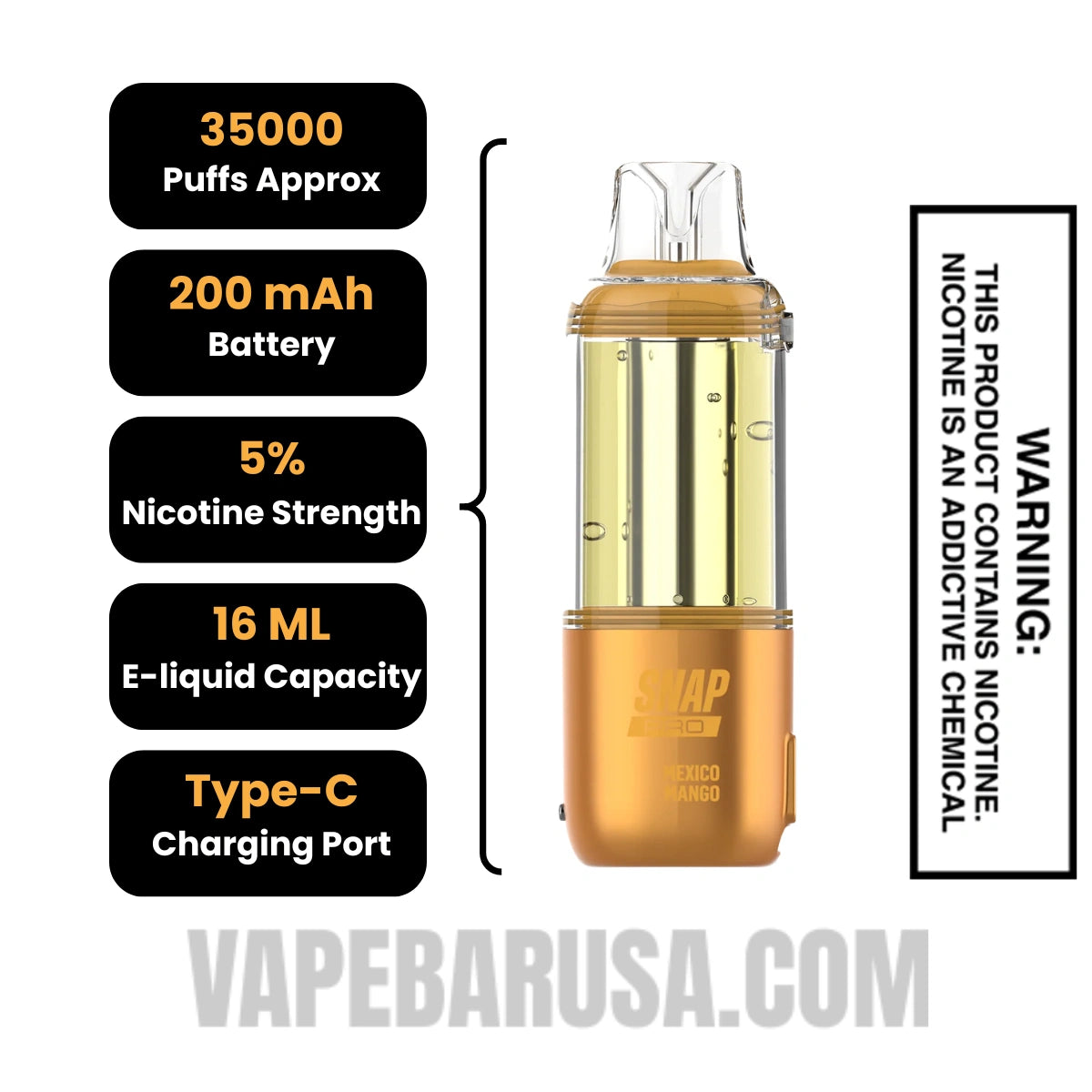 Mexico Mango Dinner Lady Snap Pro 35K Disposable Vape Pod Specifications