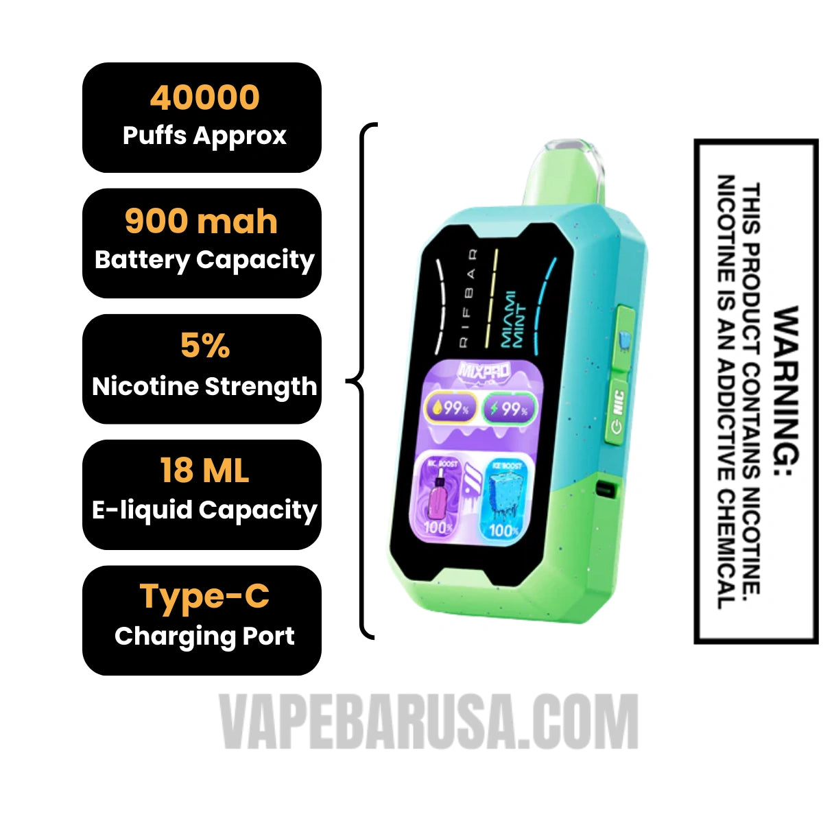 Miami Mint Rifbar MixPro Ice 40K Disposable Vape Specifications