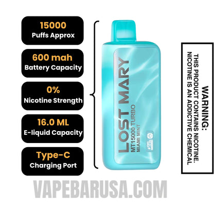 Miami Mint Lost Mary MT15000 Turbo Vape - 0% Nic Specifications