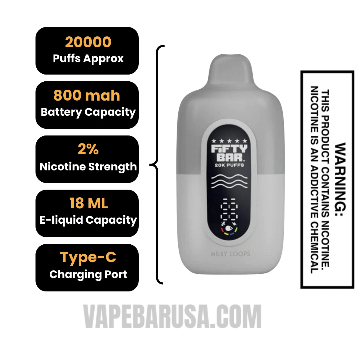 Milky Loops Fifty Bar 20K Silver Series 2% Disposable Vape Specifications