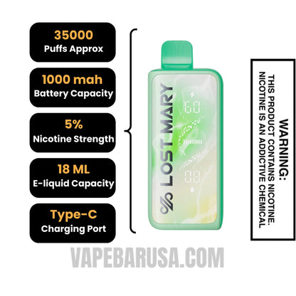 Mint Lemonade Lost Mary MT35000 Turbo Disposable Vape Specifications 