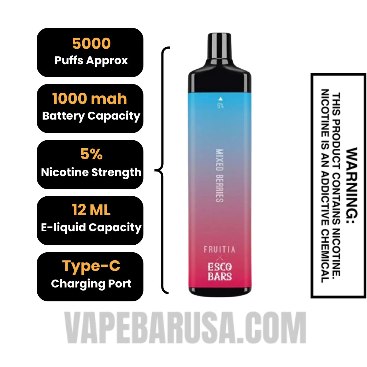 Mixed Berries Esco Bars 5000 Puffs Disposable Vape Specifications