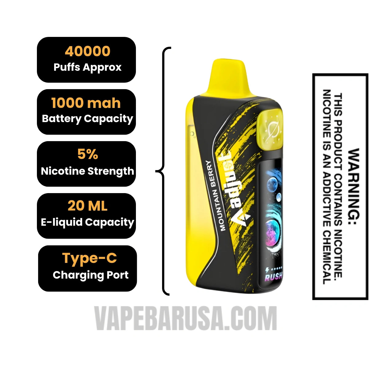 Mountain Berry Adjust MyRusher 40K Disposable Vape Specifications