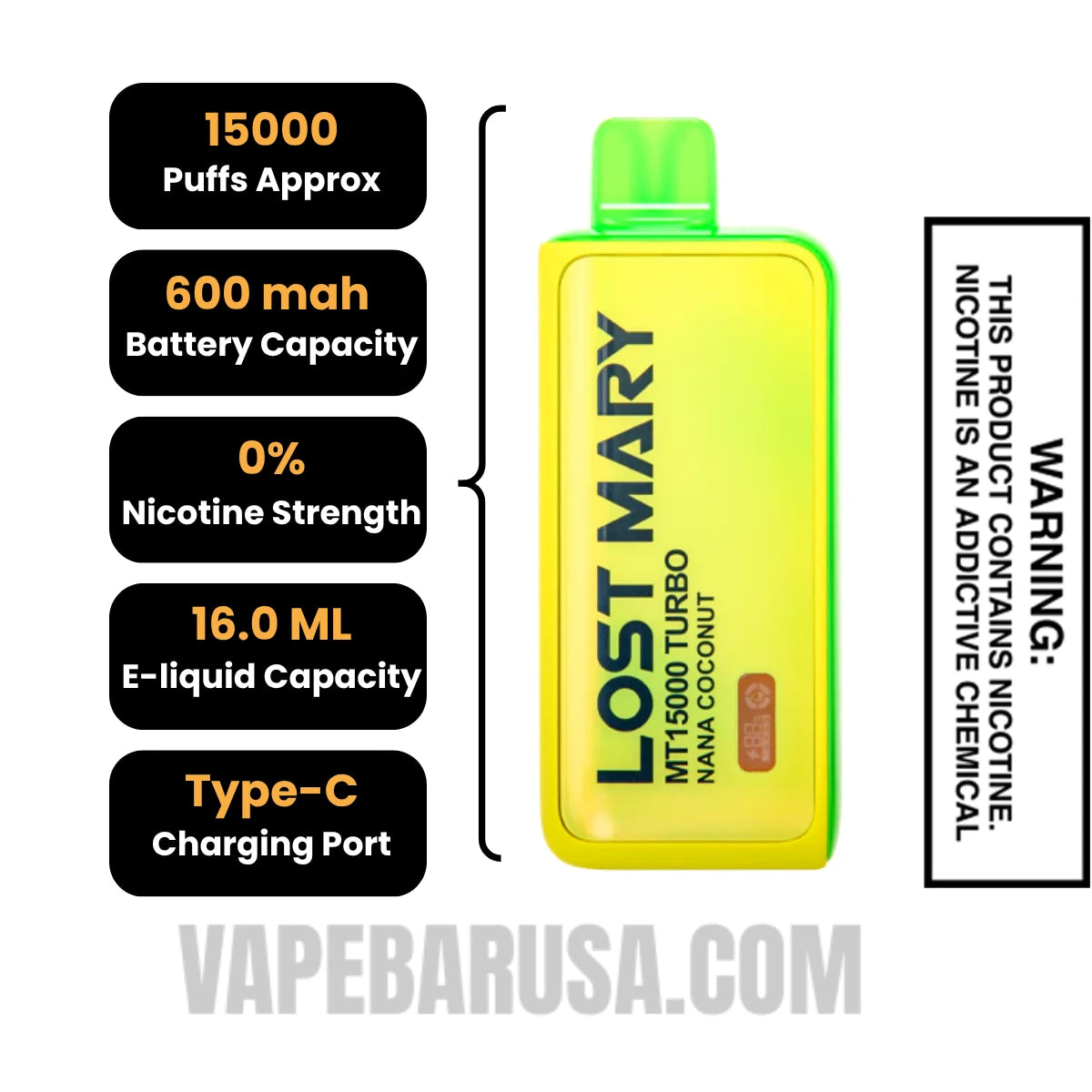 Nana Coconut Lost Mary MT15000 Disposable Vape Specifications