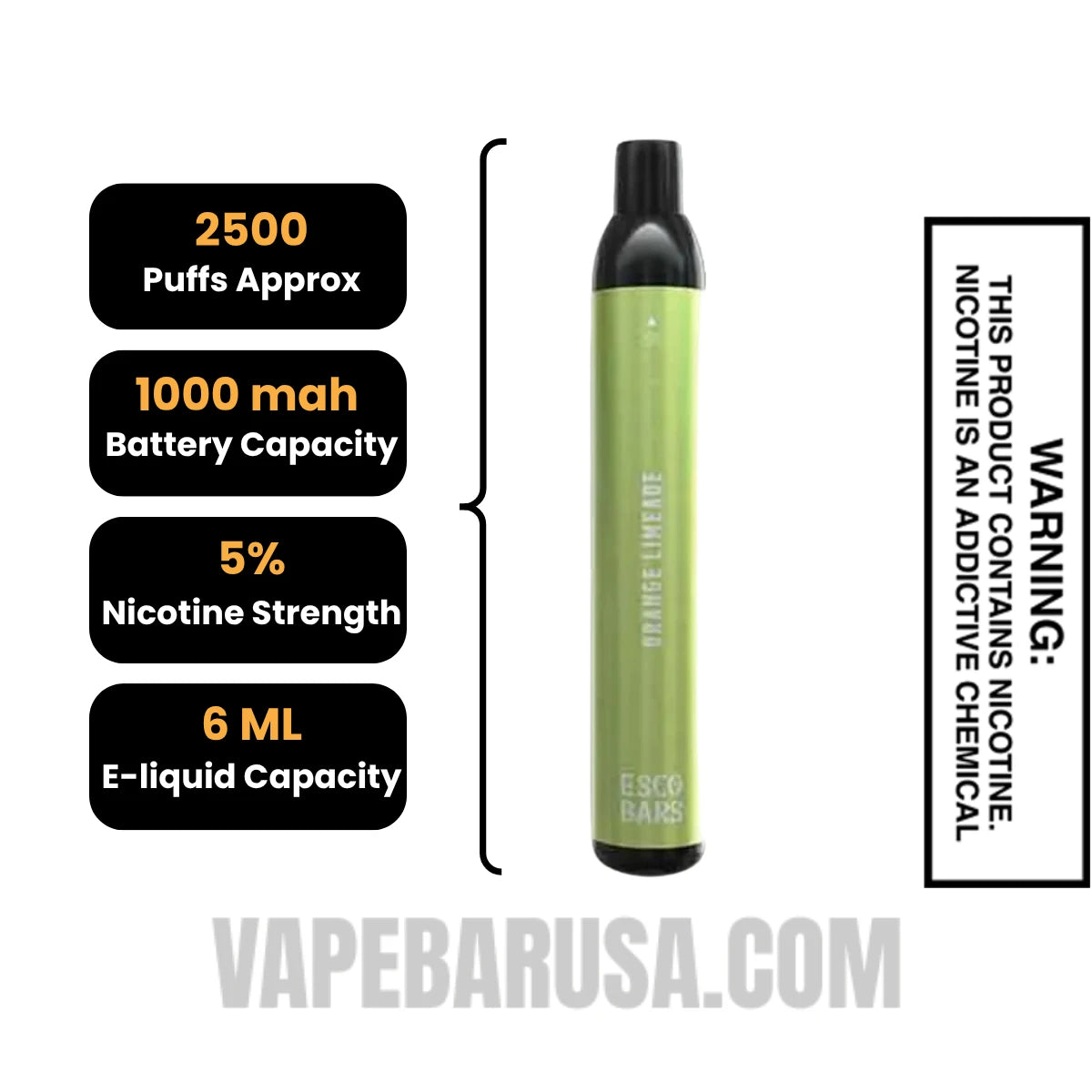 Orange Limeade Esco Bars 2500 Puffs Disposable Vape Specifications