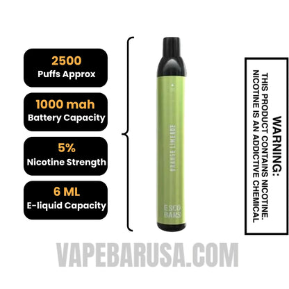Orange Limeade Esco Bars 2500 Puffs Disposable Vape Specifications