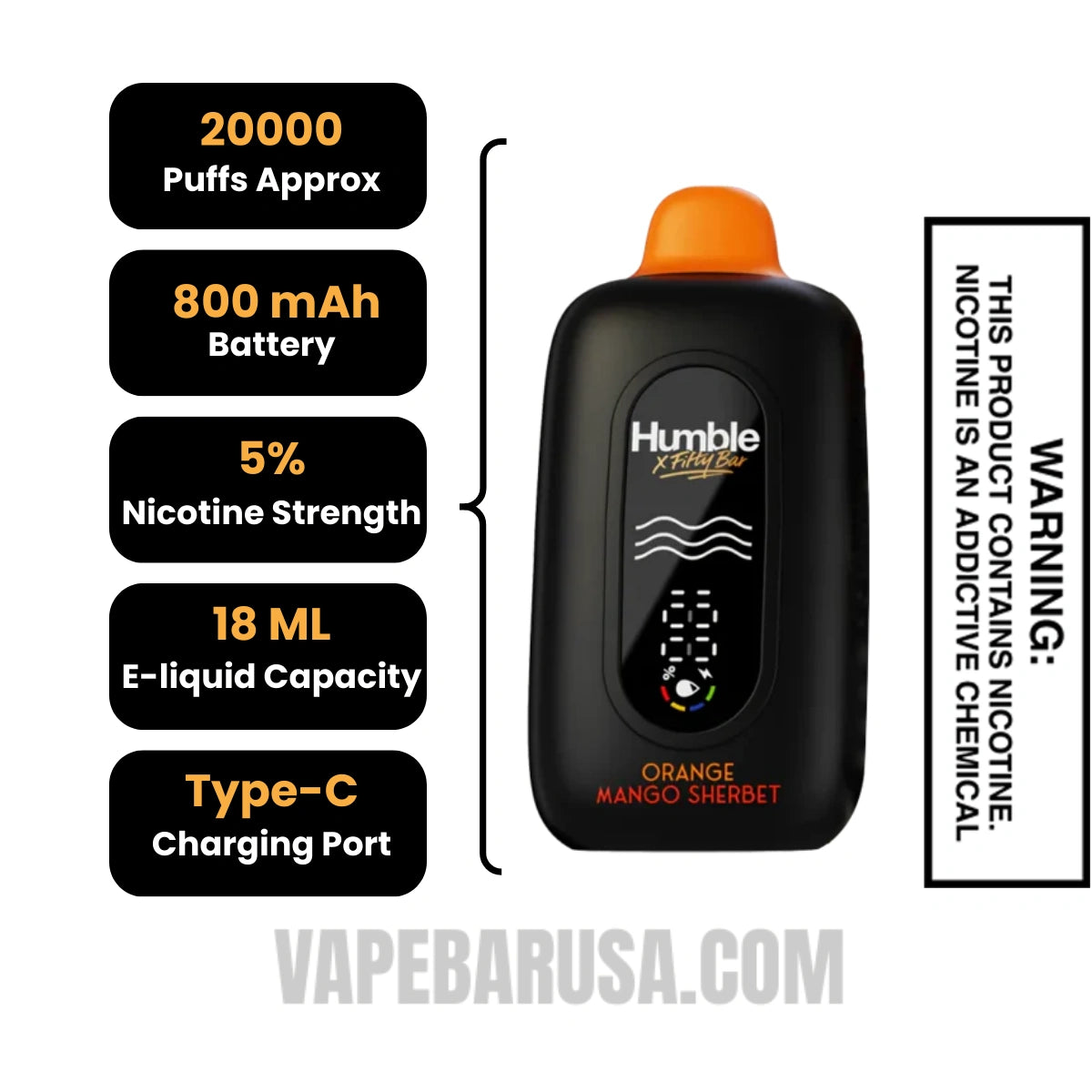 Orange Mango Sherbet Humble X Fifty Bar 20K Disposable Vape Specifications