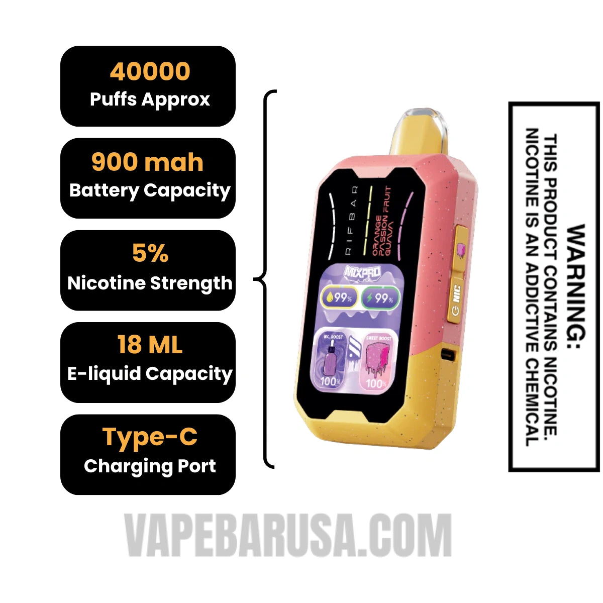 Orange Passion Fruit Guava Rifbar MixPro Sweet 40K Disposable Vape Specifications