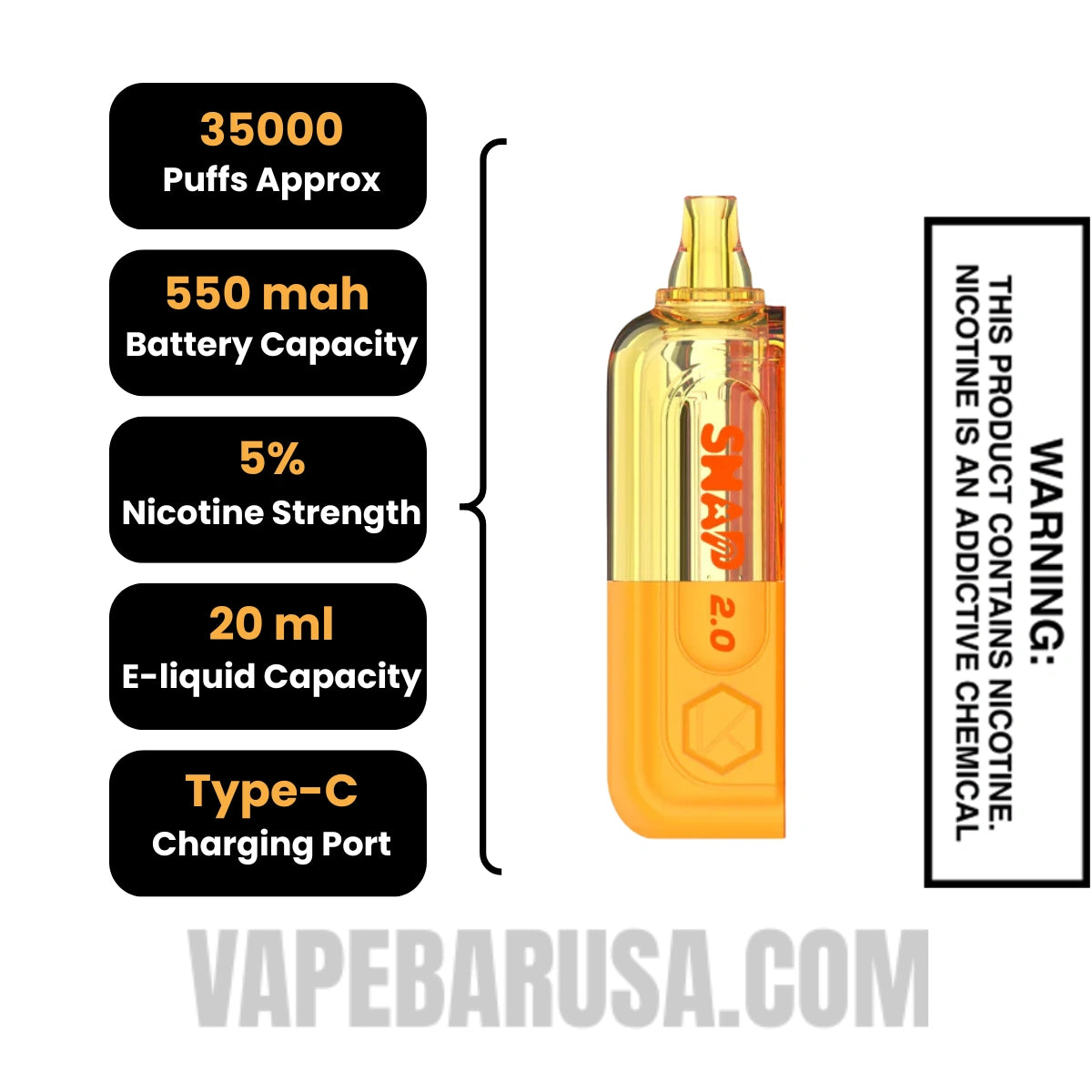 Orange Slush Kado Bar Snap 2.0 35K Disposable Vape Pod Specifications