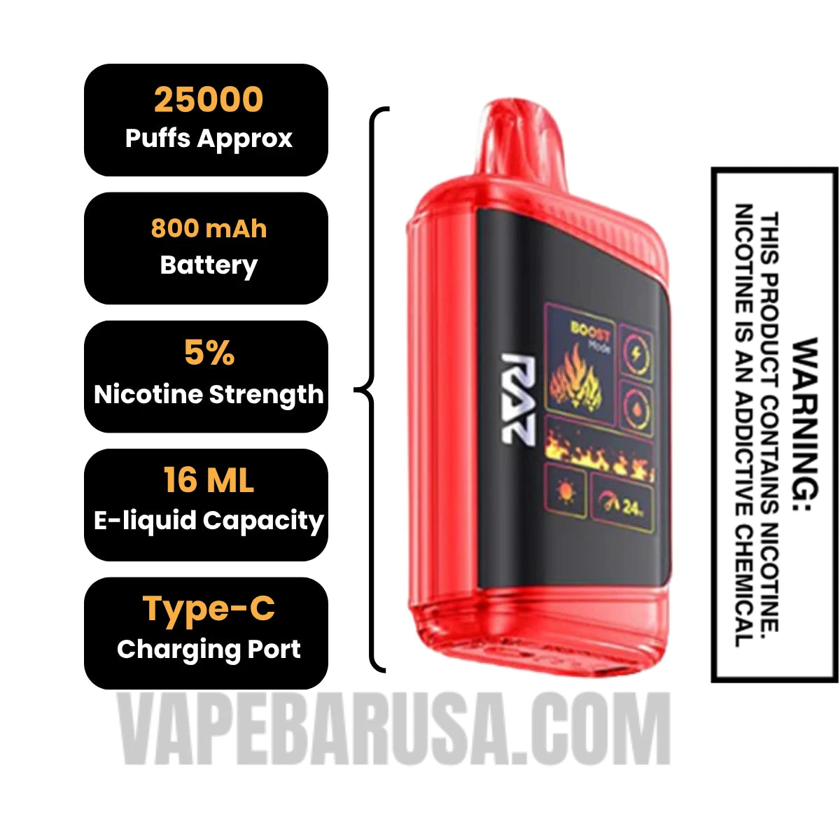 Orange Berry Lime Ice RAZ DC25000 Disposable Vape Specifications