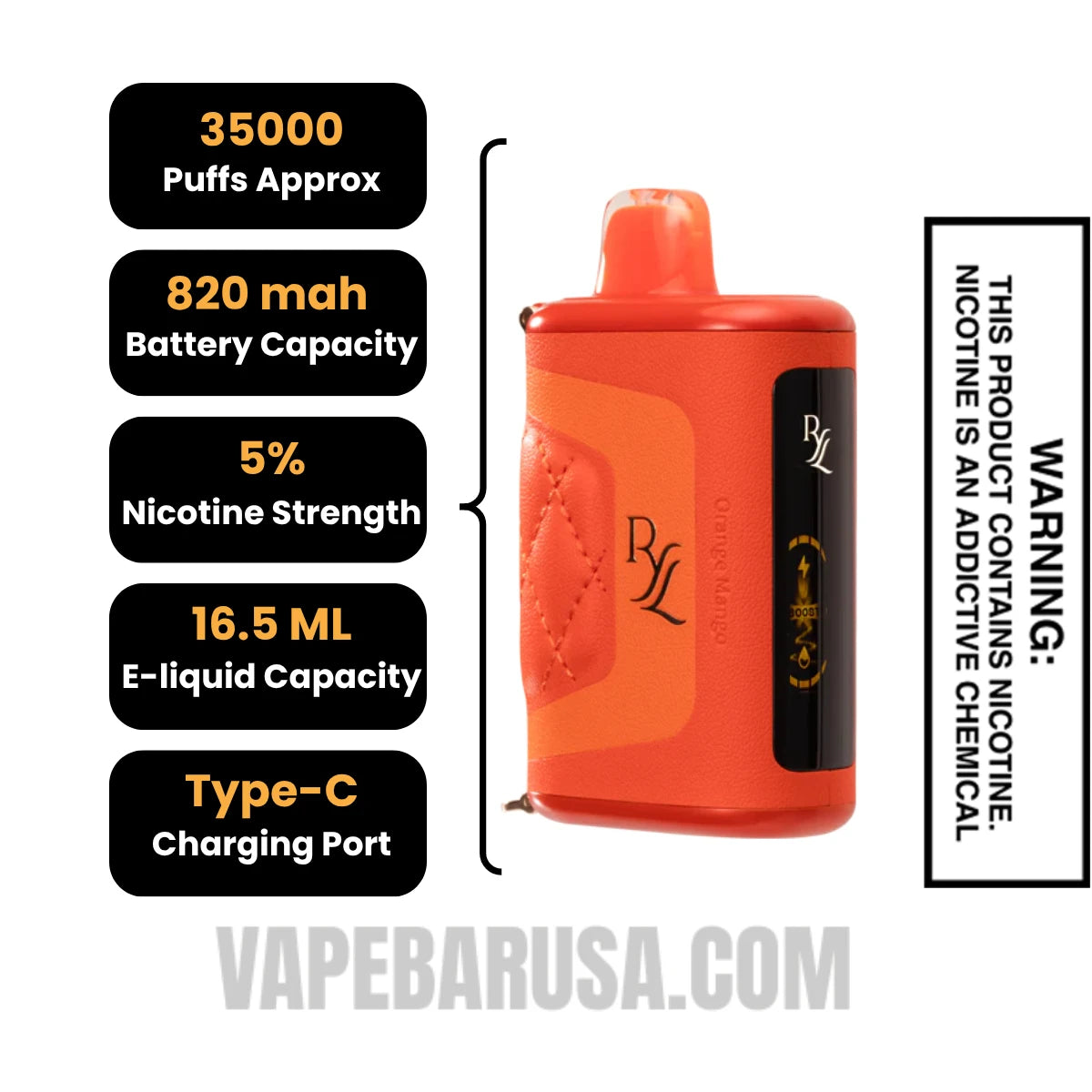 Orange Mango RAZ RYL Disposable Vape Specifications