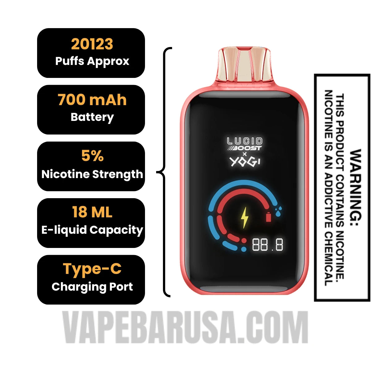 Orange Rush Lucid Boost 20123 Disposable Vape Specifications