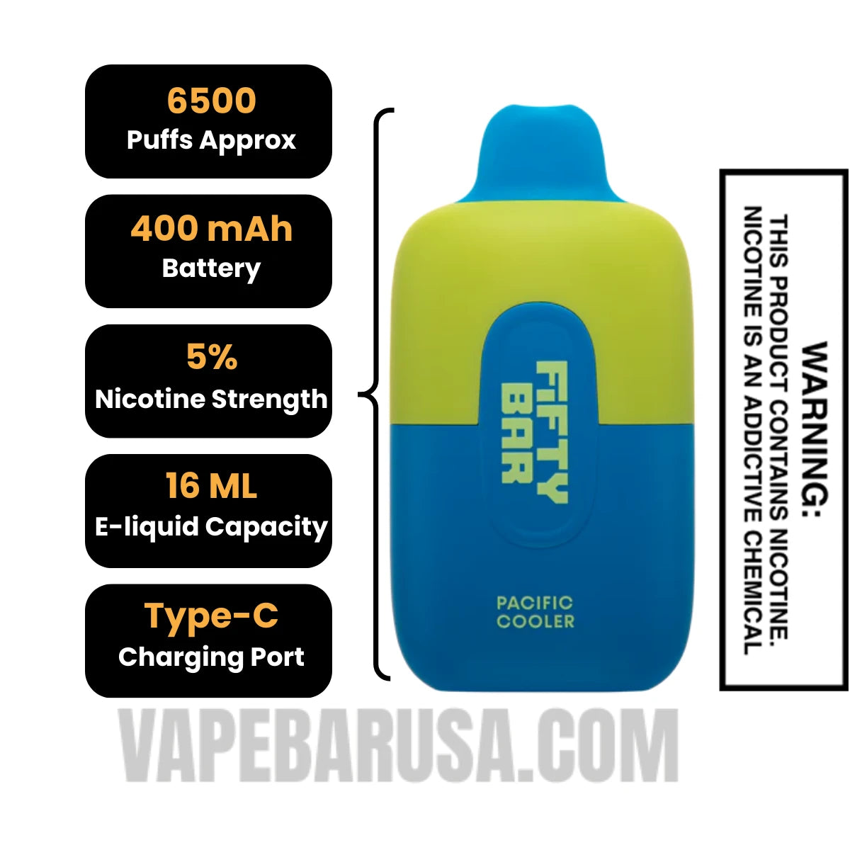 Pacific Cooler Fifty Bar Disposable Vape 6500 Puffs Specifications