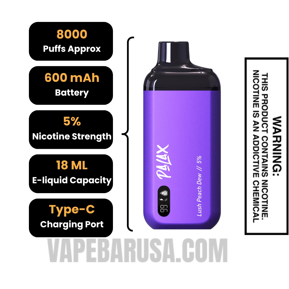 Palax Lush Peach Dew KC8000 Disposable Vape Specifications