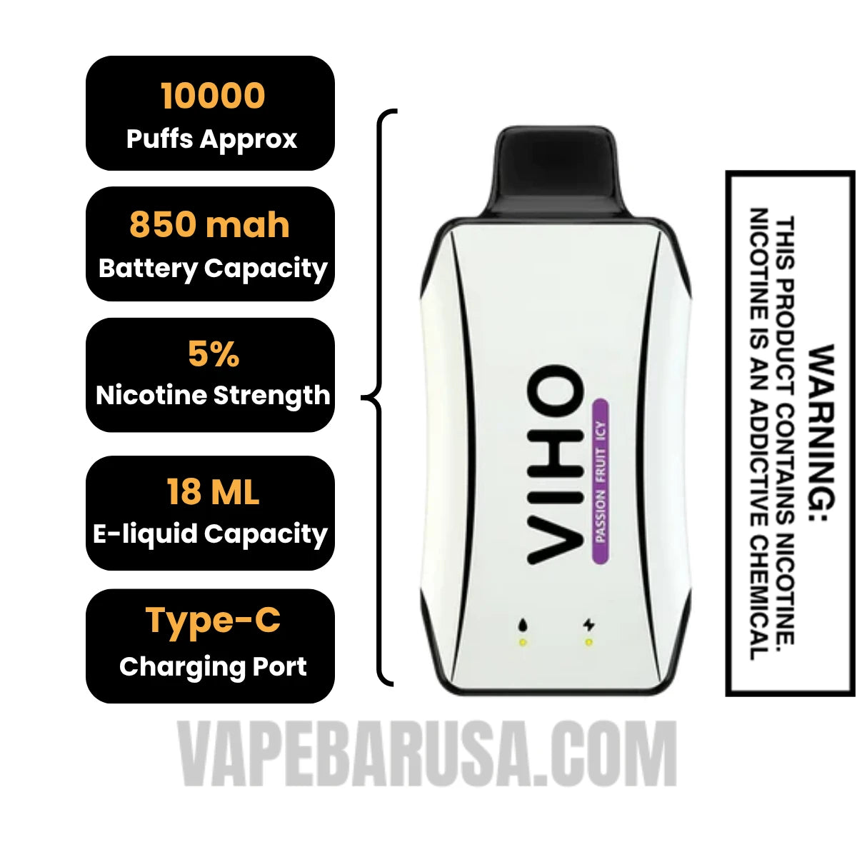 Passion Fruit Icy VIHO Turbo Vape 10000 Puffs Specifications