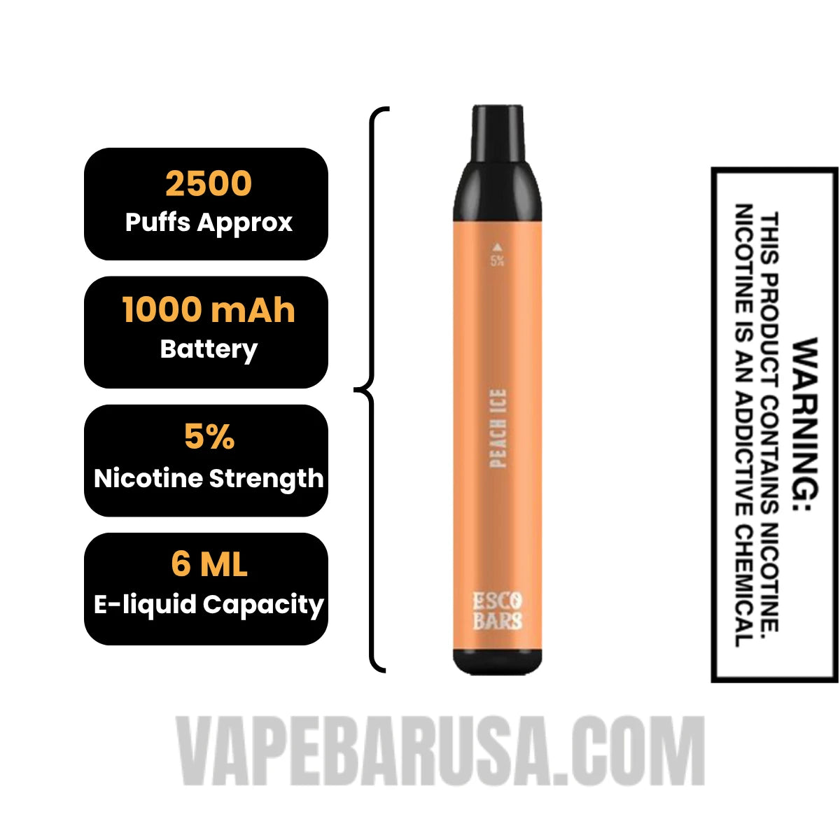Peach Ice Esco Bars 2500 Puffs Disposable Vape Specifications