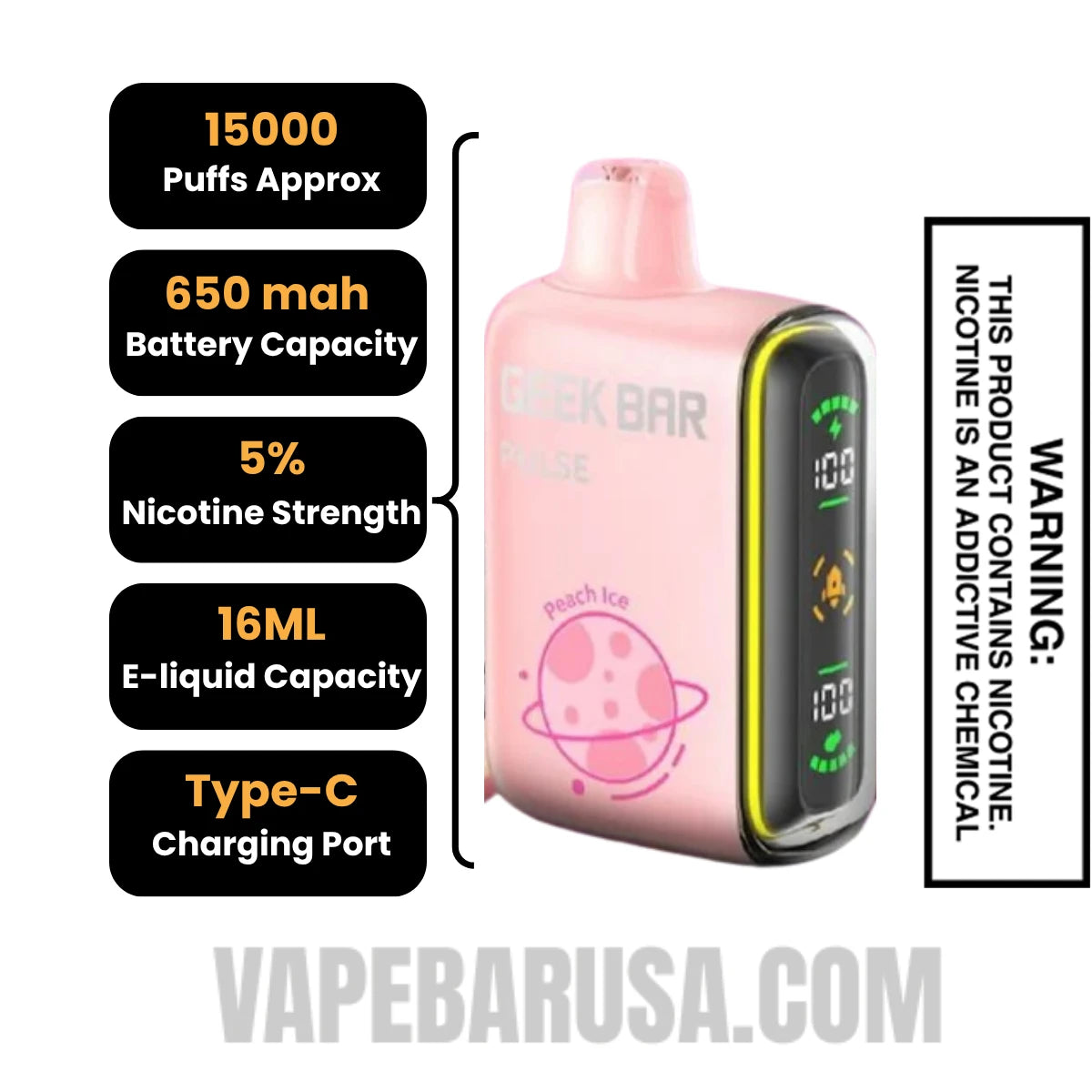 Peach Ice Geek Bar Pulse Disposable Vape Specification