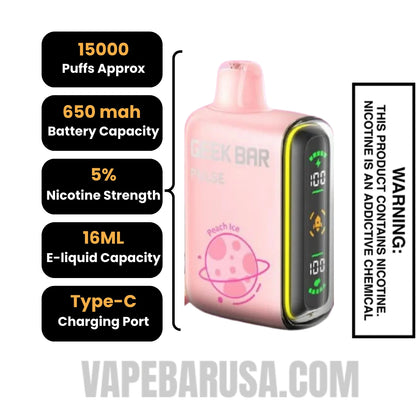 Peach Ice Geek Bar Pulse Disposable Vape Specification