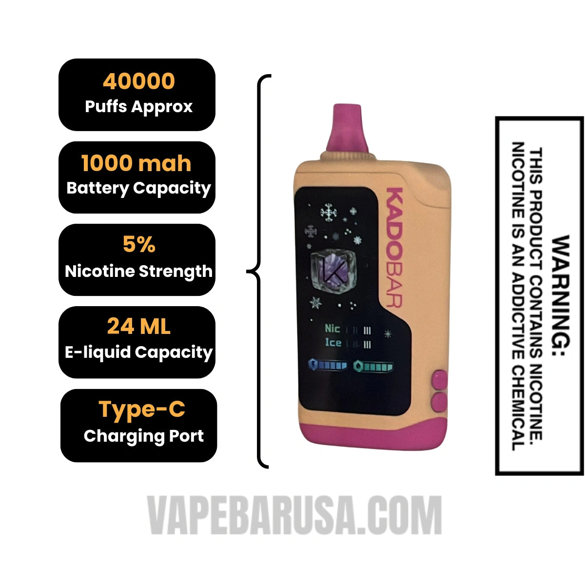 Peach Jam Kado Bar NI40000 Ice-Nic Control Disposable Vape Specifications