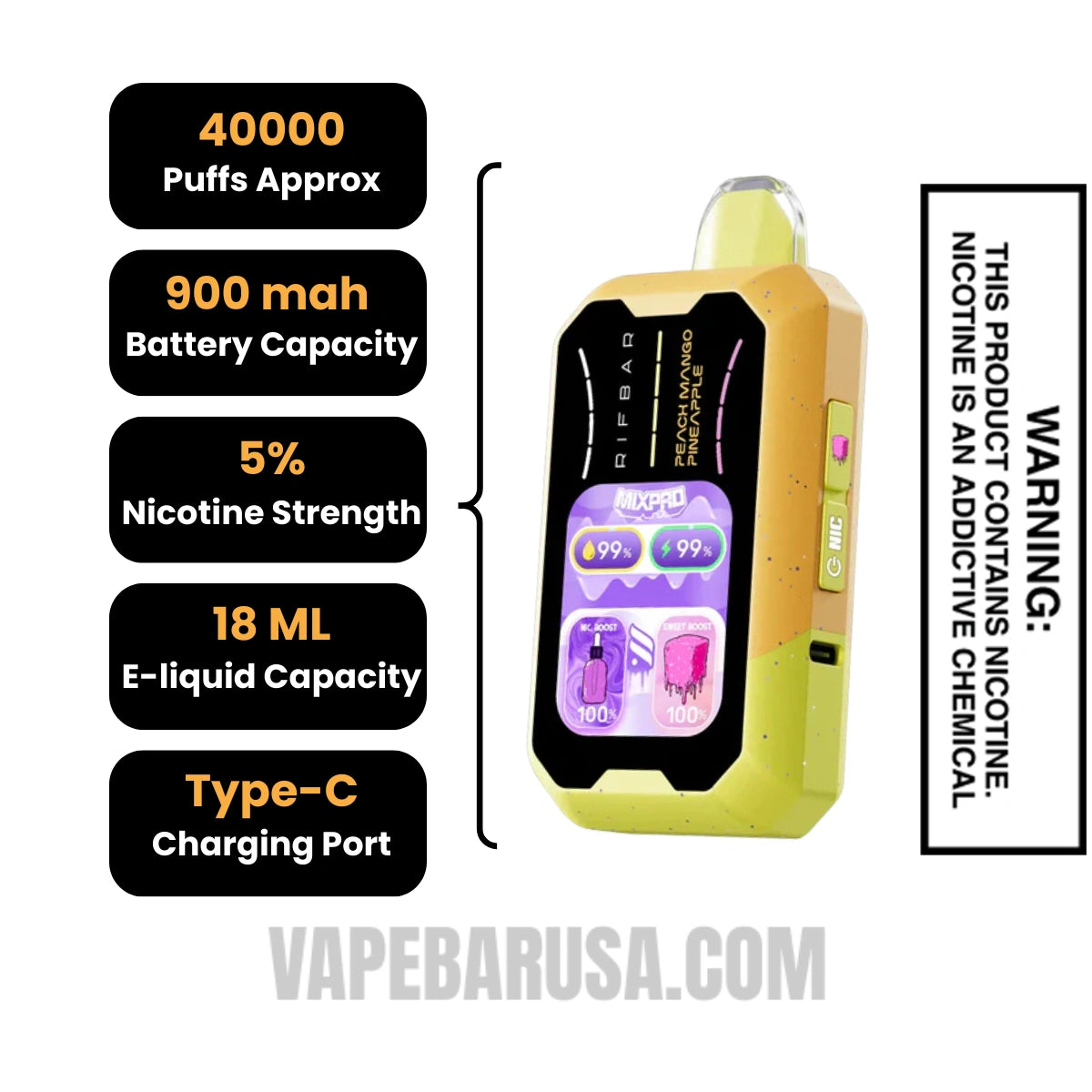Peach Ma ngo Pineapple Rifbar MixPro Sweet 40K Disposable Vape Specifications