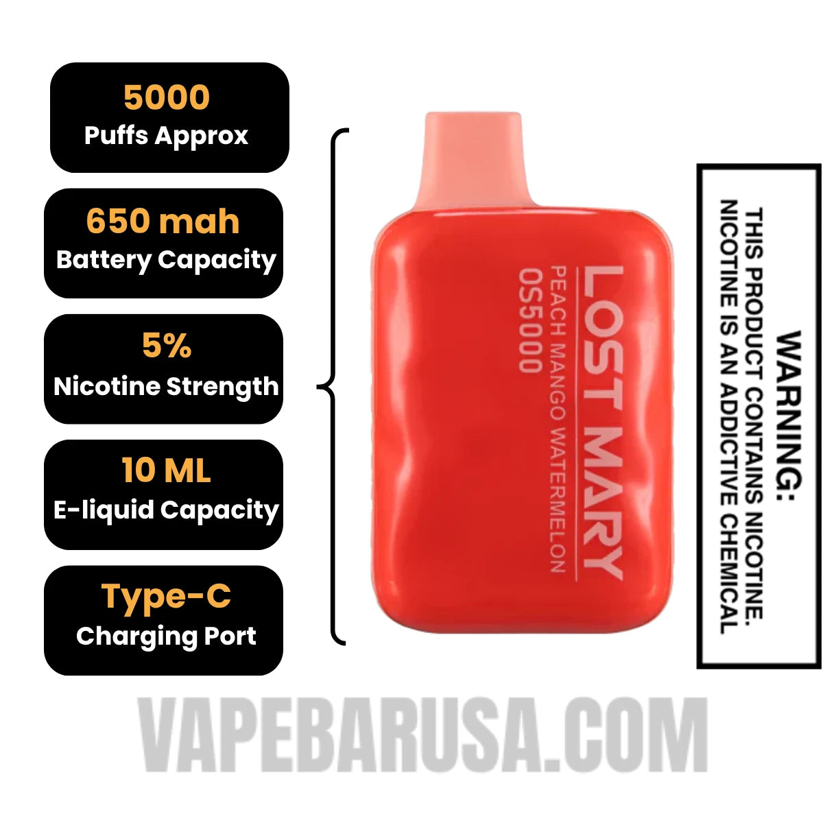 Peach Mango Watermelon Lost Mary OS5000 Disposable Vape Specifications